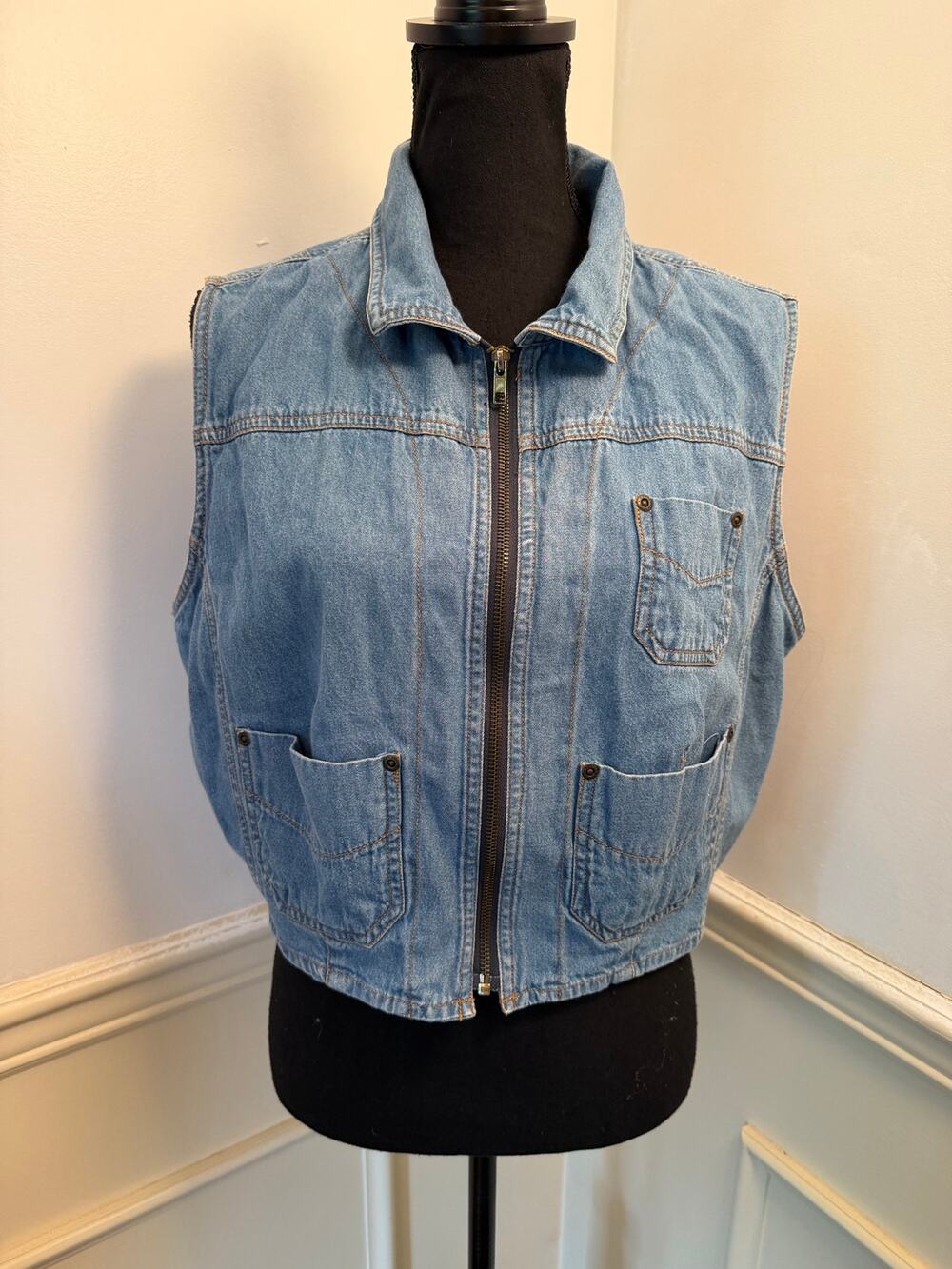 Vintage 90s Joyride Medium Wash Denim Zip-Up Utility Vest Grungr Work Wear Cargo